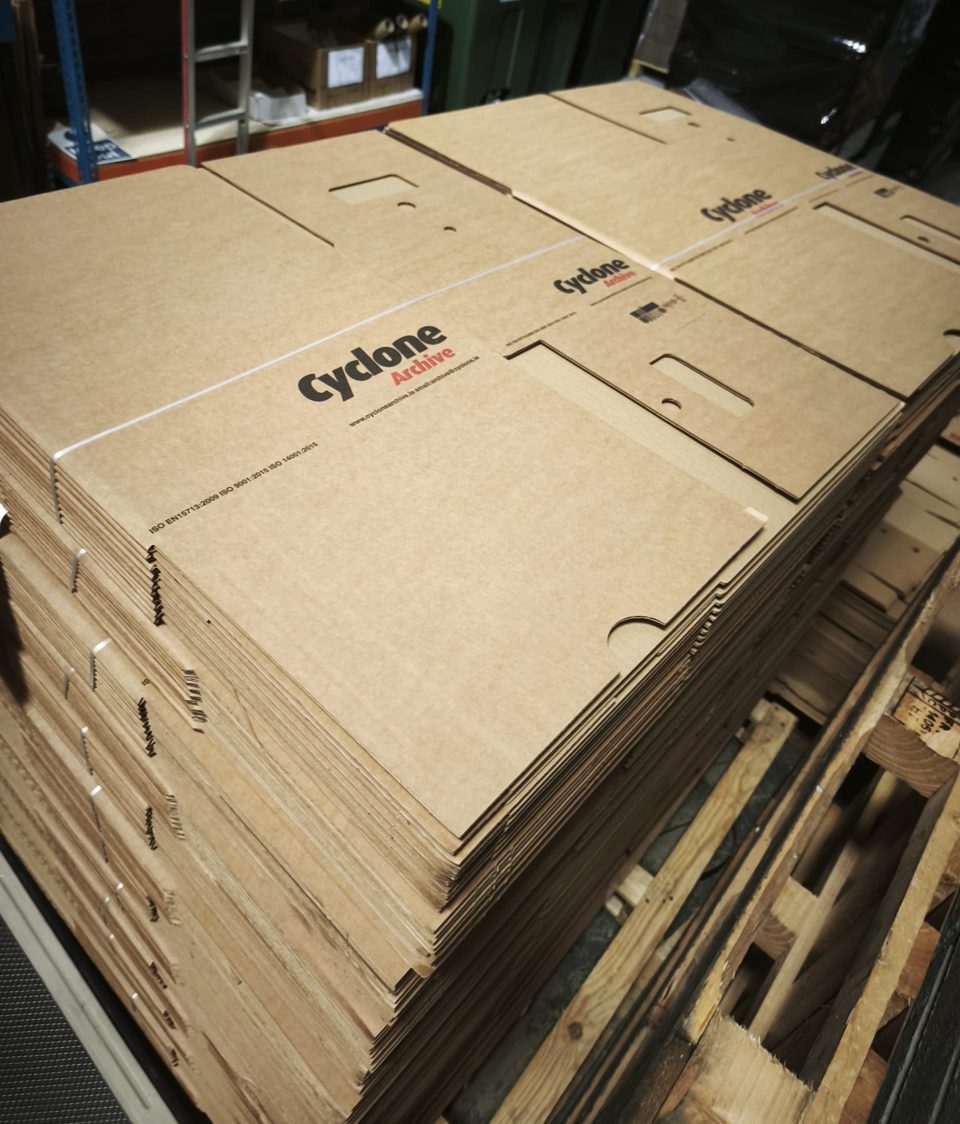 Cyclone Archive boxes stacked flat, ready to fold together